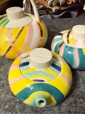 Anthropologie Hand-Painted Striped Ceramic Teapot Trio in Yellow, Teal & Pink